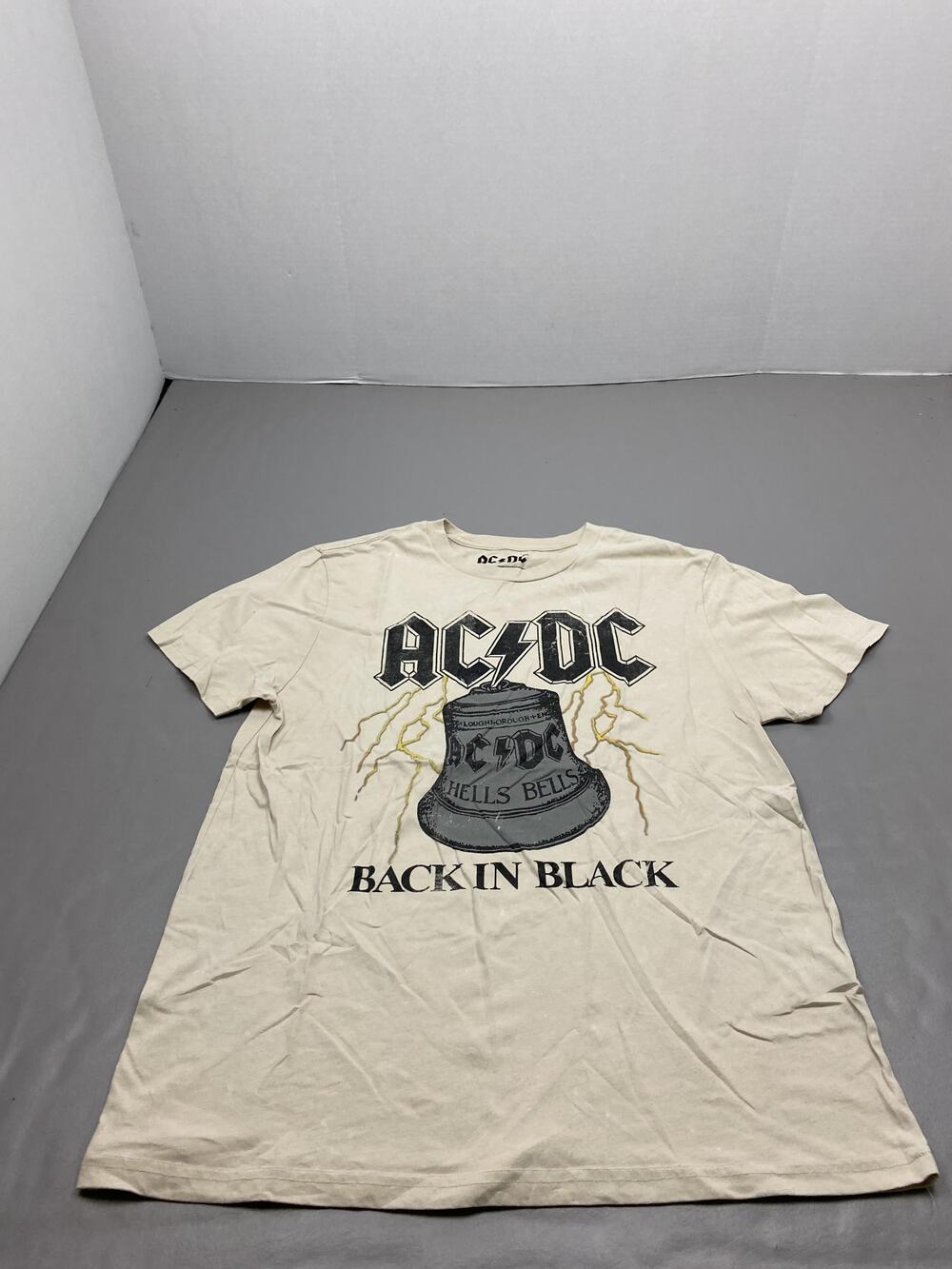 AC/DC Shirt Mens M Beige Back In Black Hells Bells Graphic Band Tee Short Sleeve